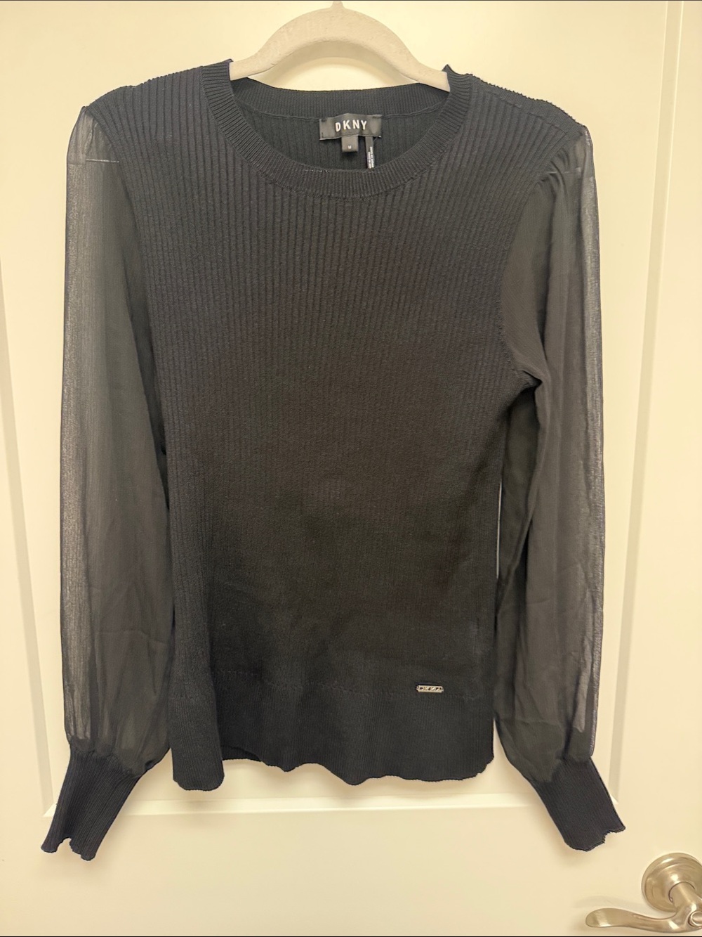 DKNY Black Ribbed Knit Top with Sheer Long Sleeves